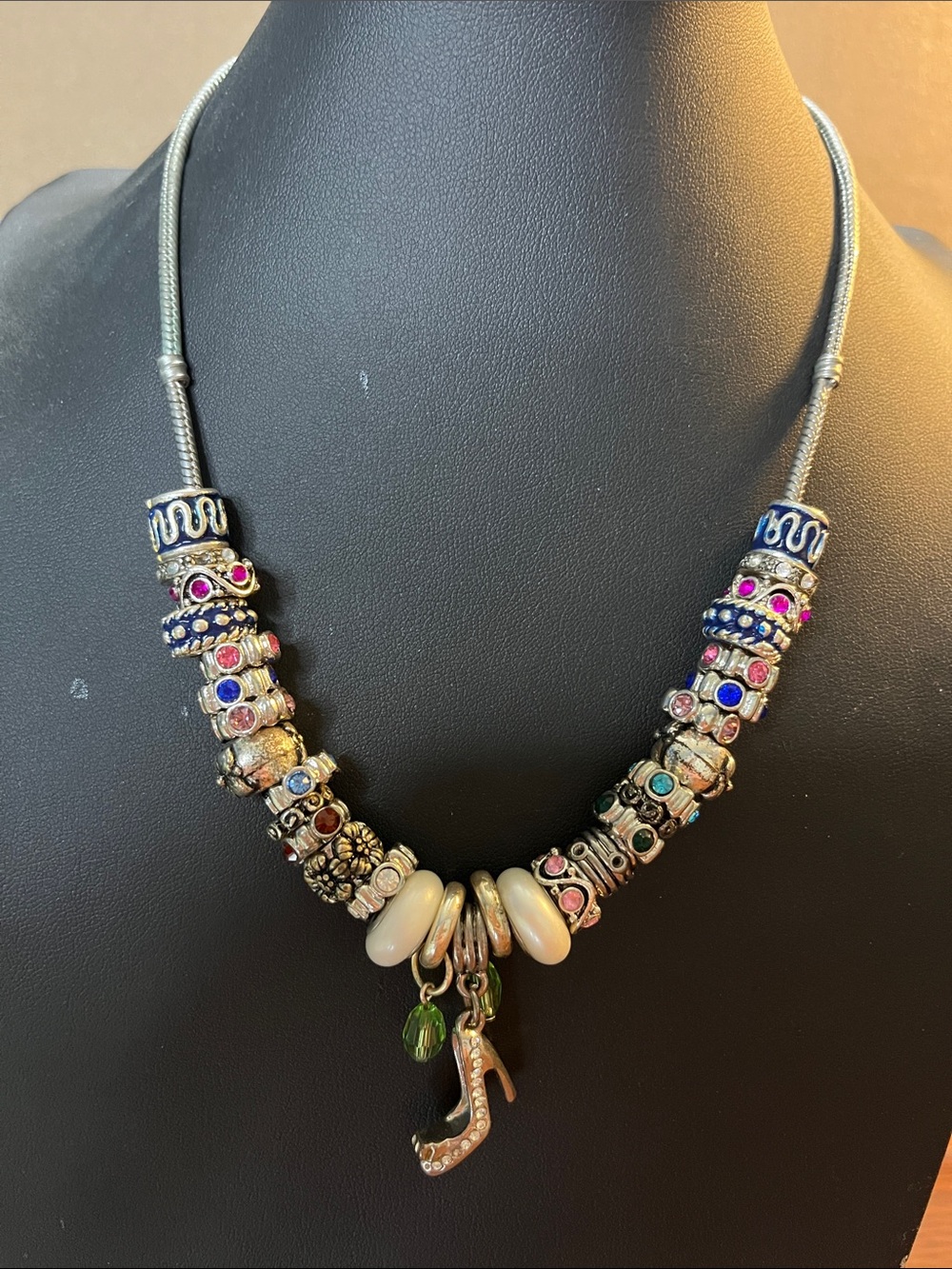 Unique Silver-Tone Multicolor Beaded Charm Necklace with High Heel Pendant